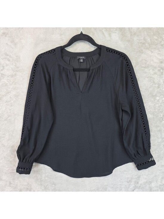 Ann Taylor Tops - Ann Taylor Blouse Womens XS Petite Black V Neck Long Raglan Sleeve Crochet Trim